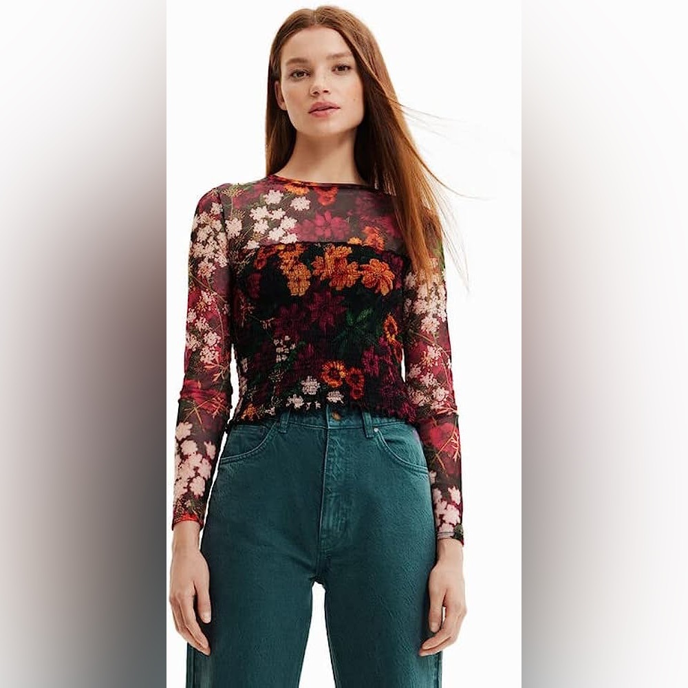 Desigual Women's Floral Print Short Slim Tulle Shirt - US Sizes XS NWT, XXS NWOT